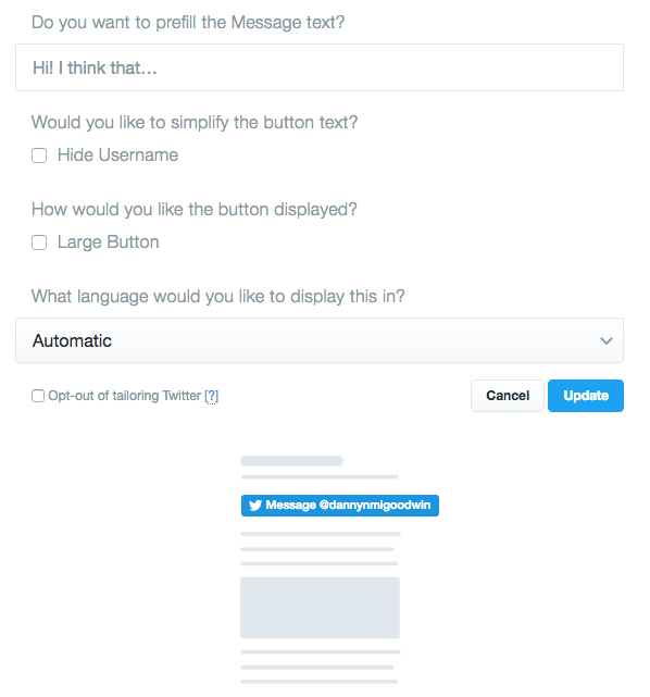 Twitter message button customize