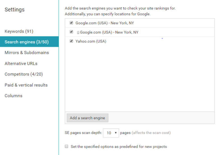 search engines setting on WebCEO
