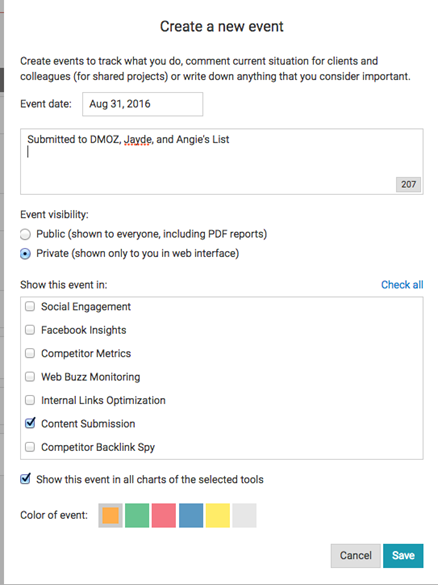 created an event on WebCEO 