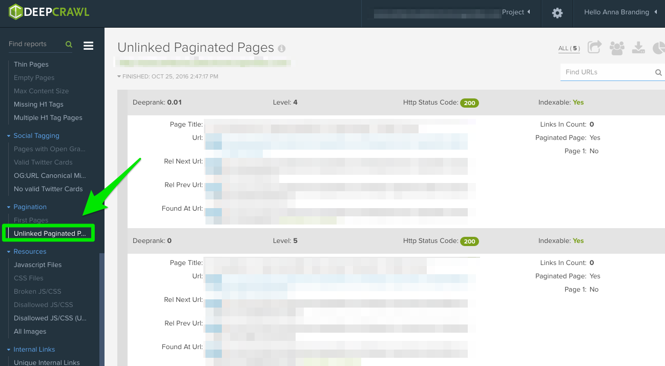 DeepCrawl unlinked pagination pages