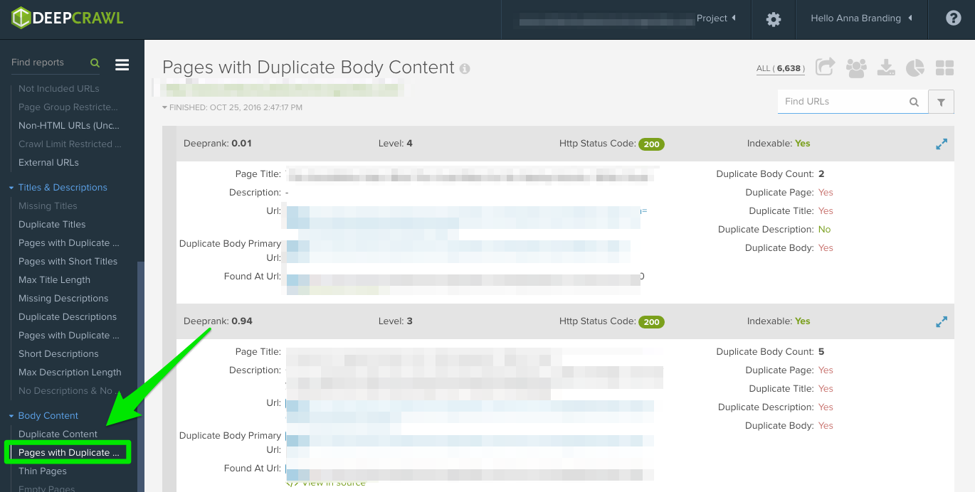 deepcrawl_pages with duplicate content report