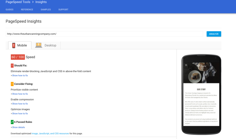 urban canning company mobile page speed