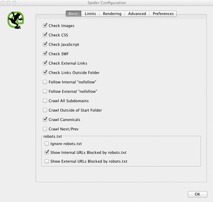 configuration settings in Screaming Frog