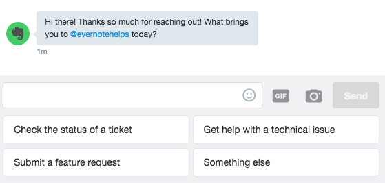 Evernote's Twitter welcome message
