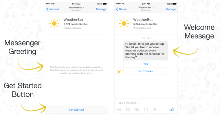 Facebook bot welcome message screens