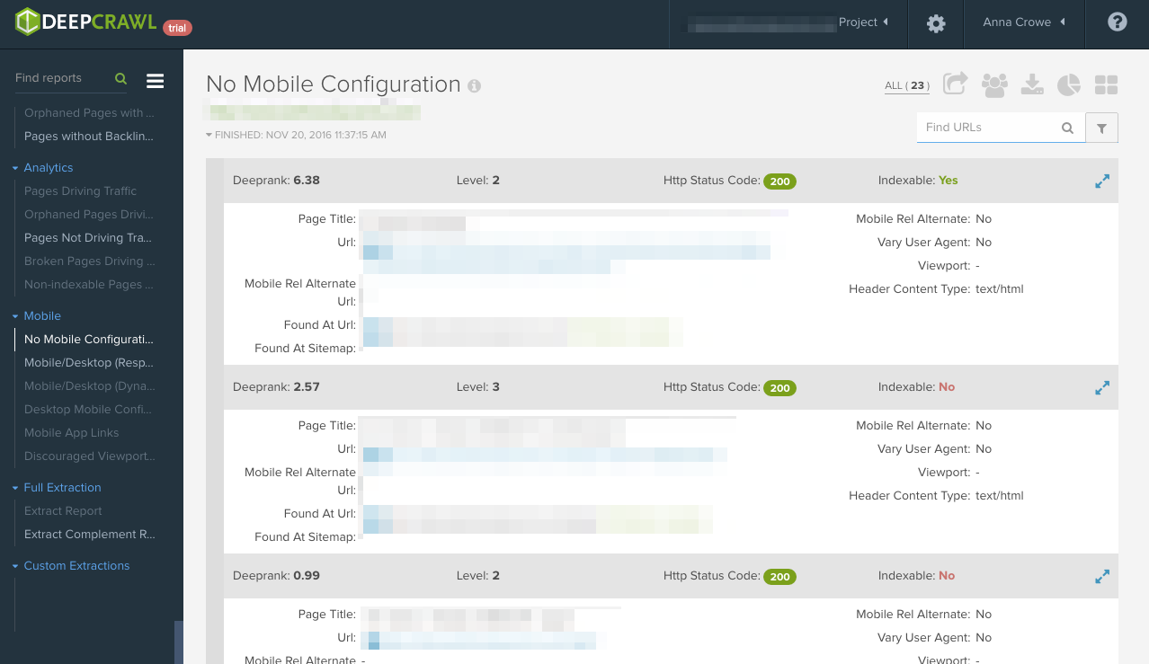 no mobile configuration deepcrawl