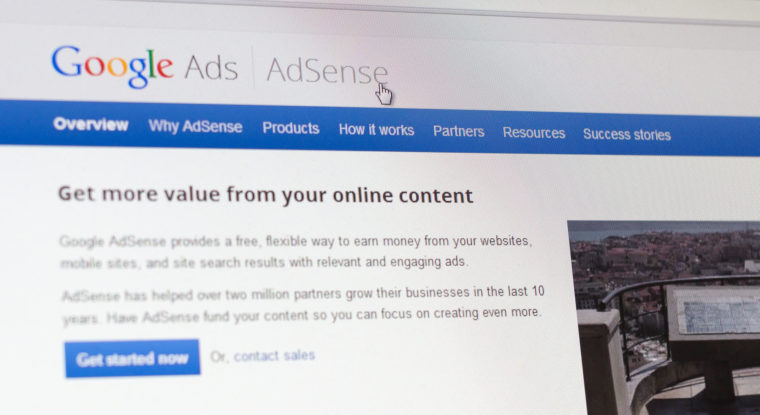 Tours, France - June17, 2014: Close up of Google's Advertising Program on a computer screen. Google AdSense is a program run by Google that allows publishers in the Google Network of content sites to serve advertisements targeted to site content and audience