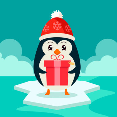 Funny Penguin Holding a Big Gift Box 