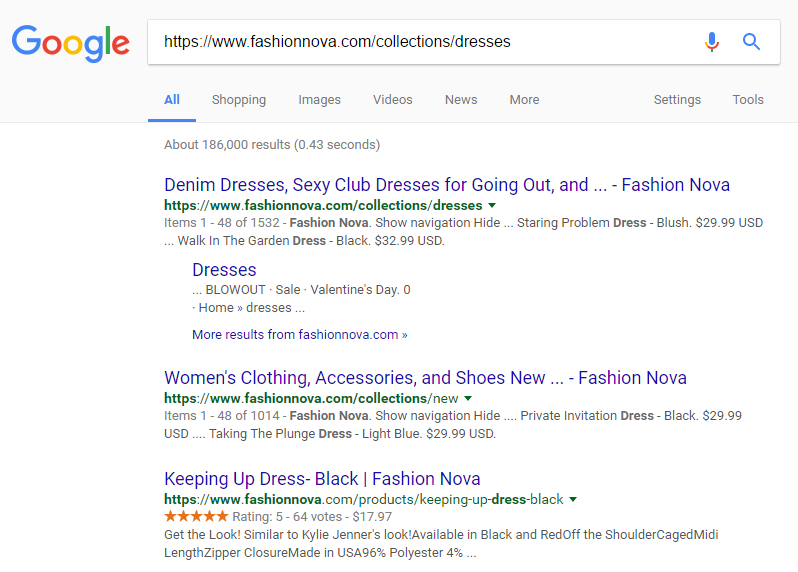 Google Search of FashionNova.com Site