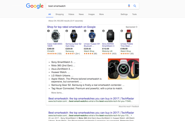Screenshot the SERP results when searching for "Best Smartwatch"