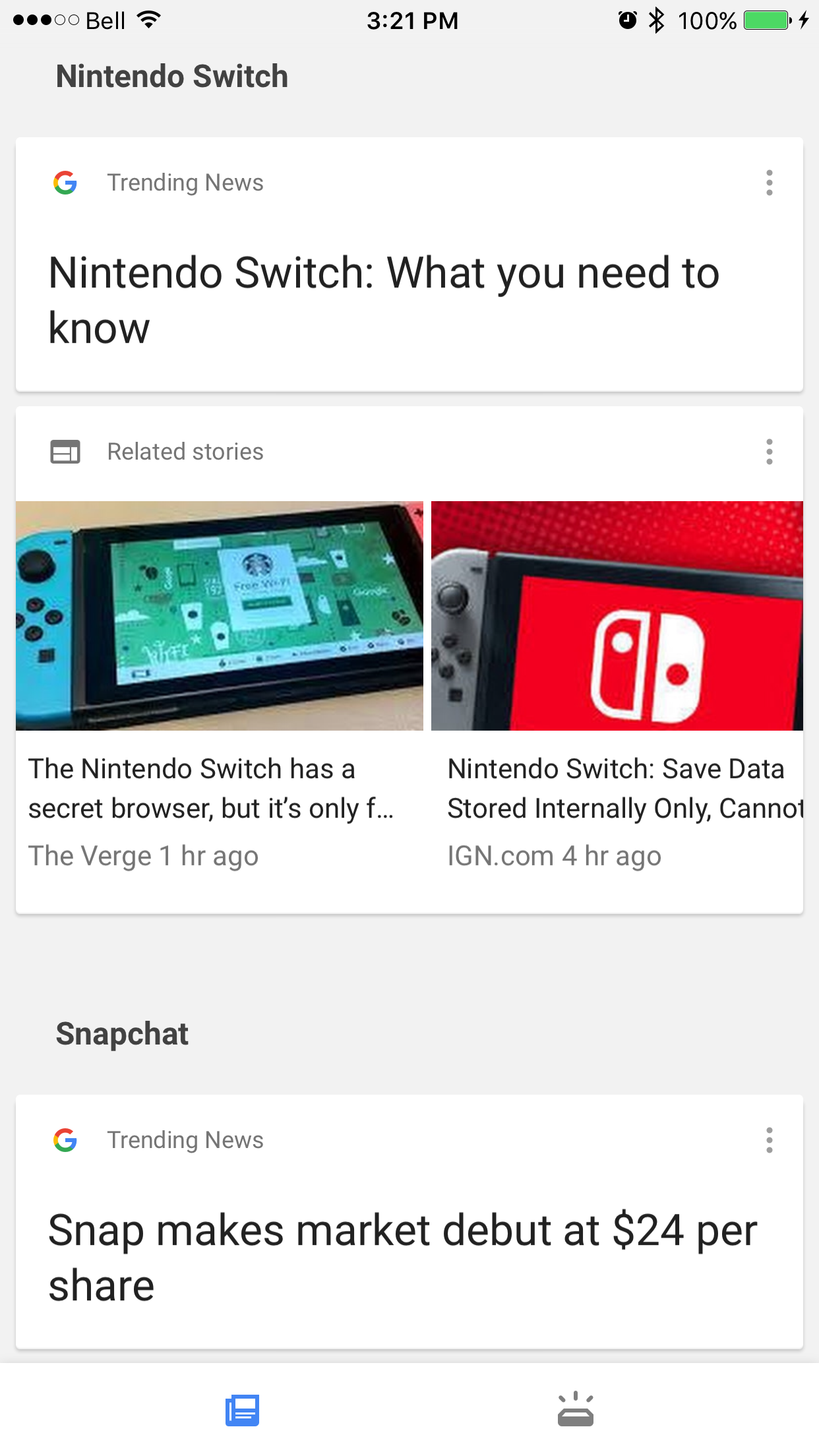Google App Showing Trending News Cards on iOS and Android