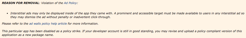Screenshot of mobile interstitials violation message from Google