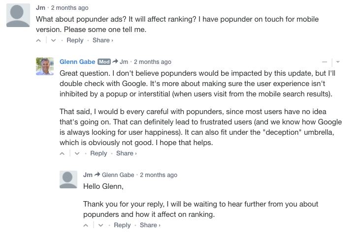 Screenshot of GSquared Interactive Blog Post Comments About PopUnder Mobile Interstitials
