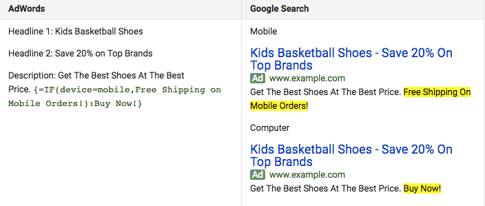 AdWords IF Function example targeting mobile devices.