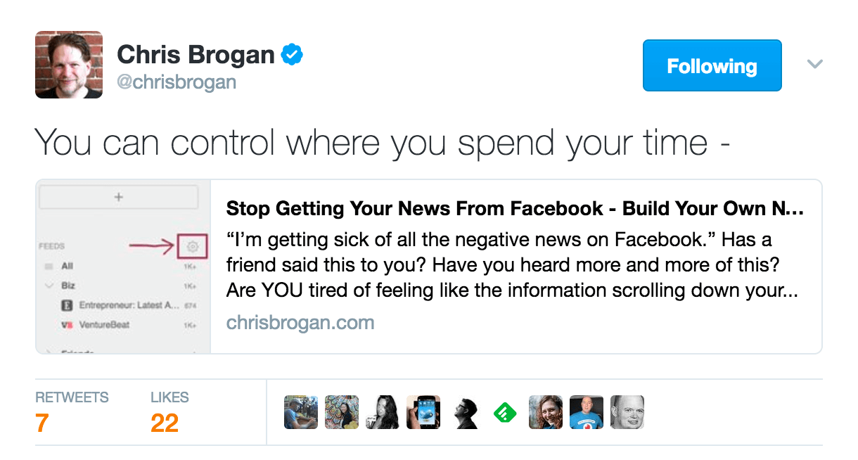 Chris Brogan Twitter post illustrating a benefits-driven perspective
