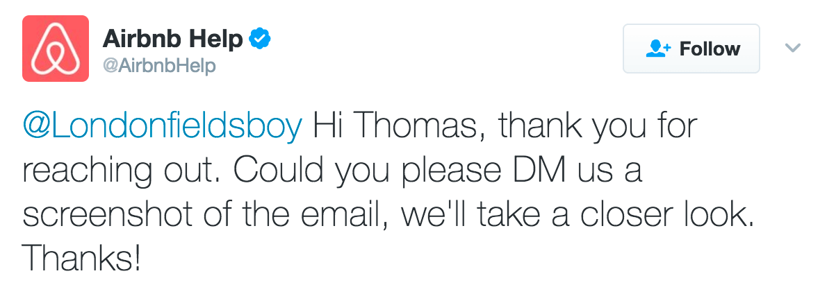 Airbnb customer support response through Twitter