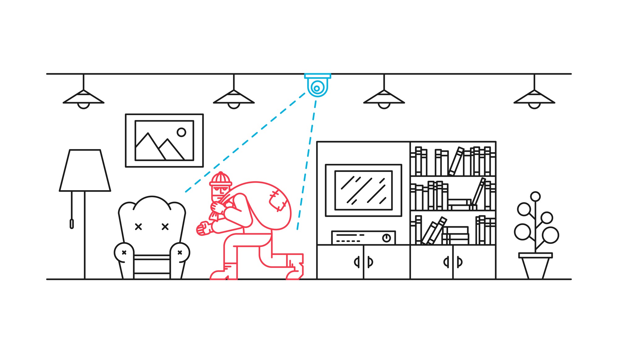 Thief in apartment vector illustration. Video camera surveillance line art concept. Video camera control and security graphic design. Video monitoring to avoid robbery, theft.