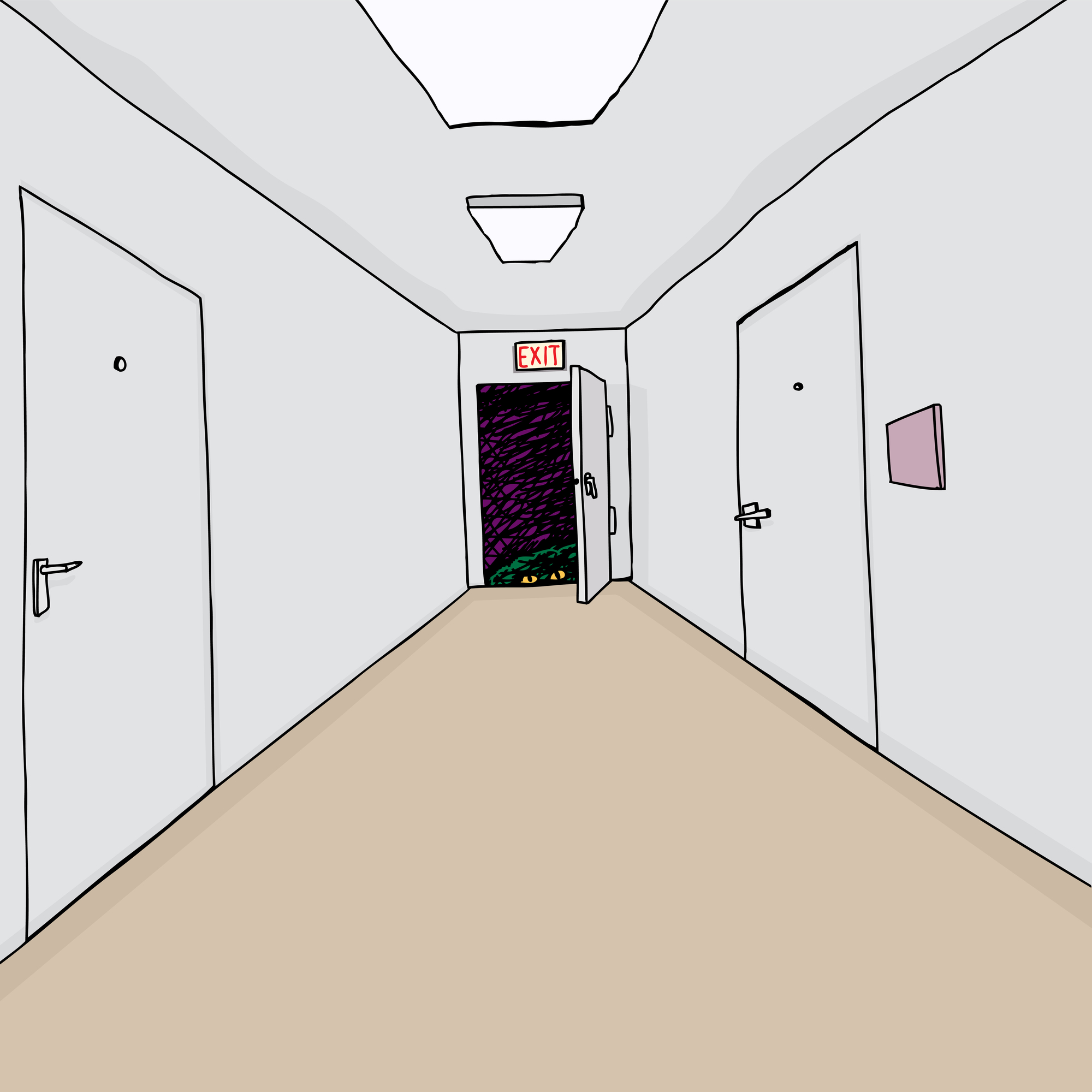 Hand drawn cartoon hallway background with scary monster