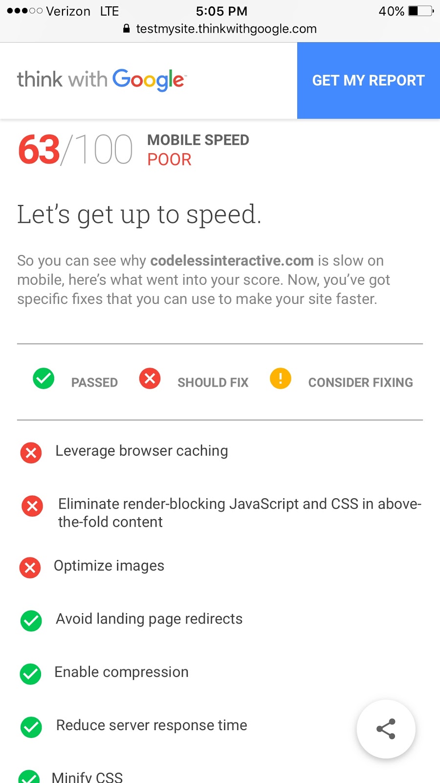 Mobile page speed assessment on a mobile device