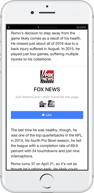Facebook Instant Articles page like CTA unit