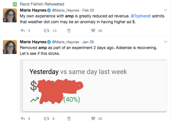 Marie Haynes tweets on AMP greatly reducing ad revenue