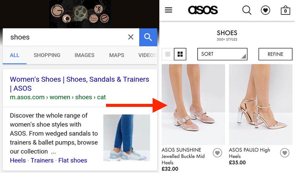 Example of app indexing by Asos