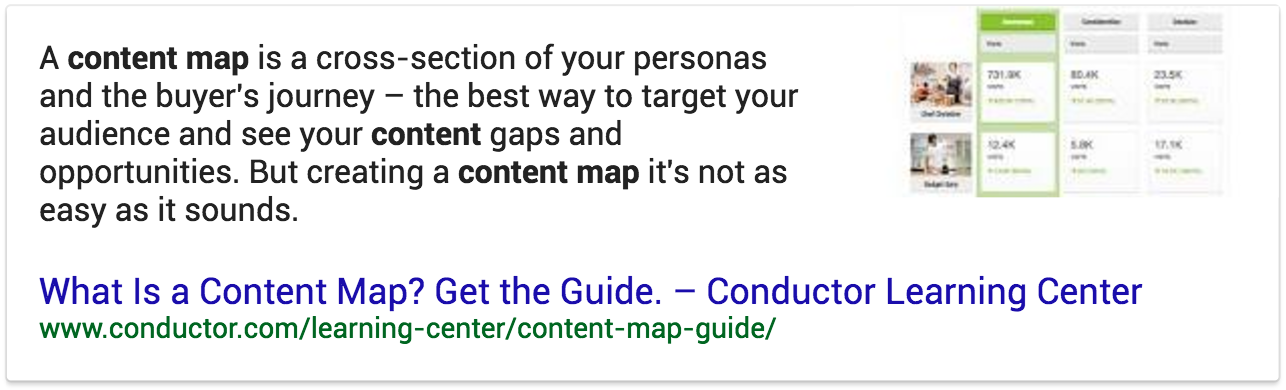 Google answer box result for "what is a content map" search query