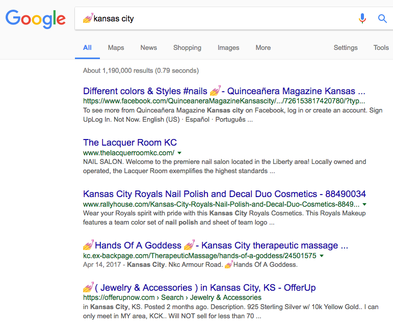 Google search results for nail emoji + kansas city