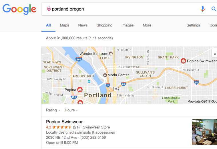 Google search results for swimsuit emoji + portland oregon showing local knowledge graph with two swimsuit stores within the Portland city limits