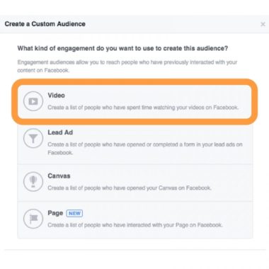 Video is the top option for creating a custom audience in Facebook based on engagement