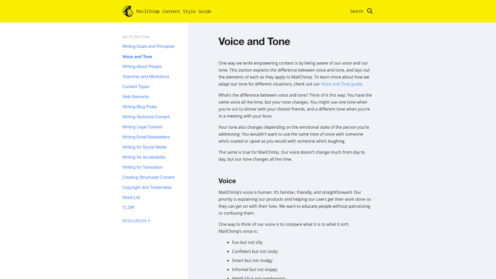 Mail Chimp's guidelines for voice and tone
