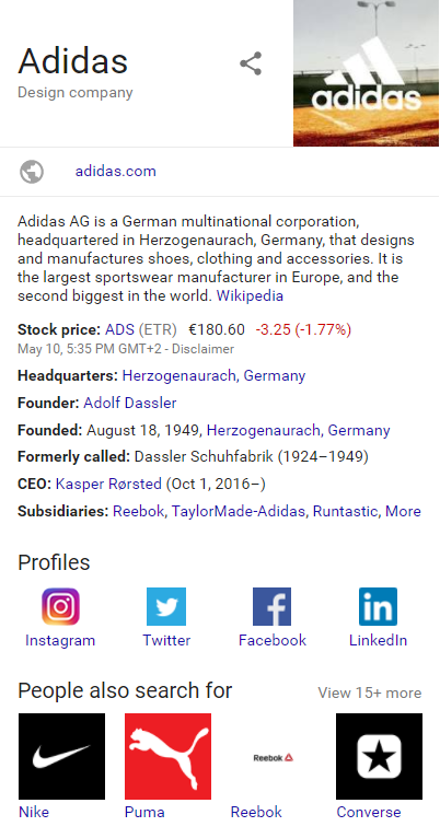 Google search results for "Adidas" shows the brand's social channels on the sidebar