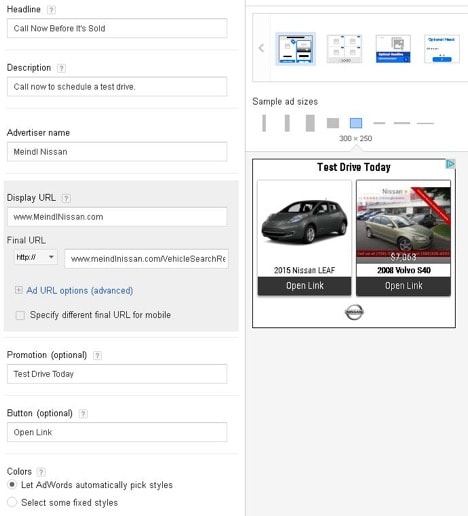 Uploading an automotive display campaign in AdWords screenshot