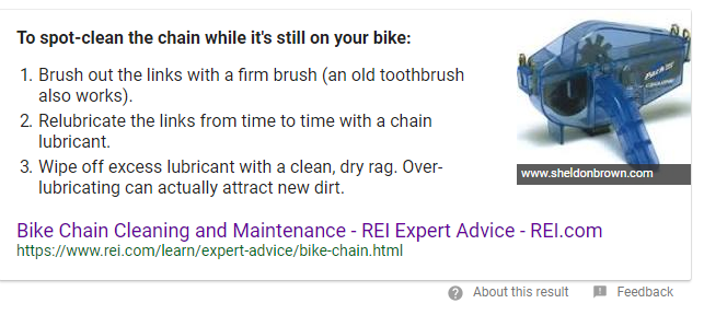 REI advice article appearing on Google's quick answer box for search term 'bike chain cleaning'