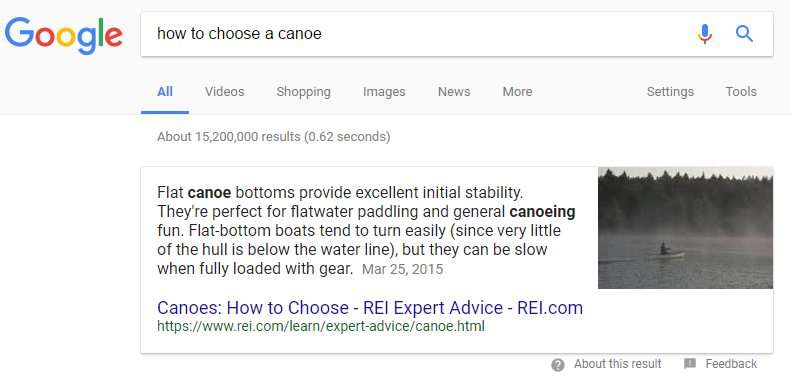 REI article appearing on top position for search term 'how to choose a canoe'