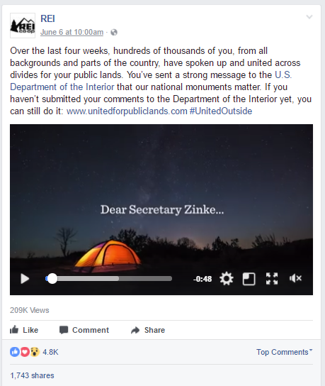REI Facebook post on protecting public lands and national monuments