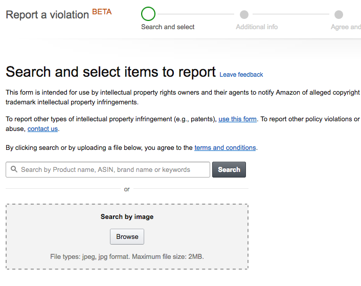 The Report a Violation Screen of Brand Registry 2.0