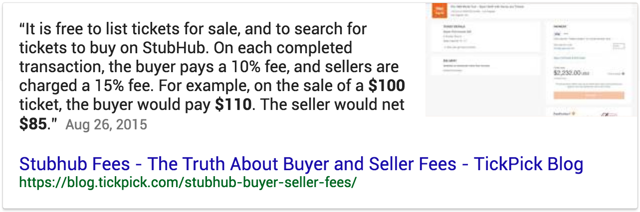 Google answer box result for “what are stubhub fees” search query
