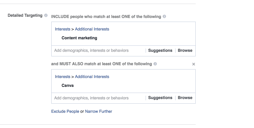 Facebook ads detailed targeting includes adding interests of your audience