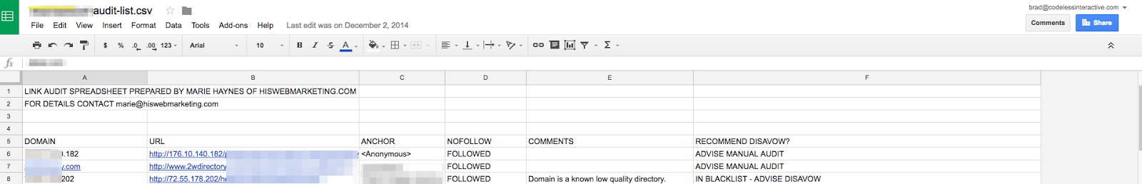 link audit spreadsheet