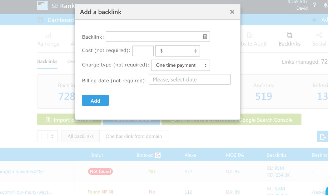 SE Rankings Backlinks Monitoring - Add a backlink