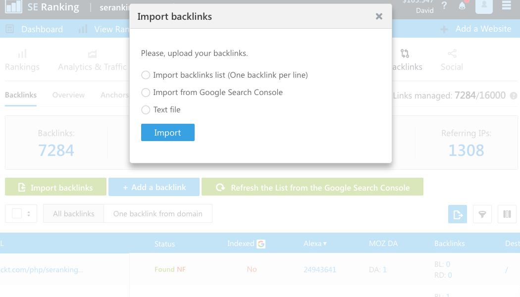 SE Rankings Backlinks Monitoring - Import a Backlink