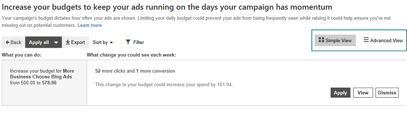 View Bing Ads Conversion Estimates Based on Budget Suggestions