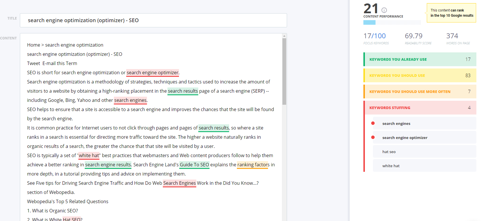 Example of keyword stuffing from Webopedia using a content optimization tool