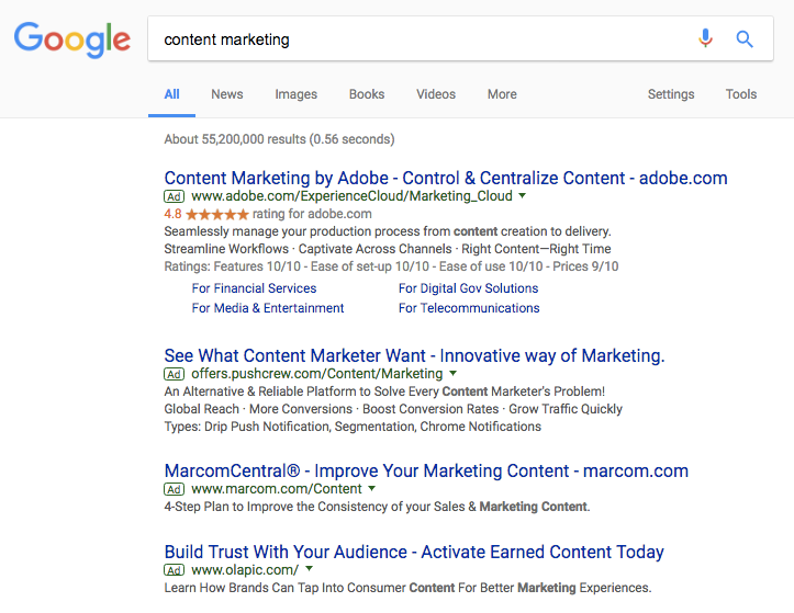 content marketing Google Search Adwords