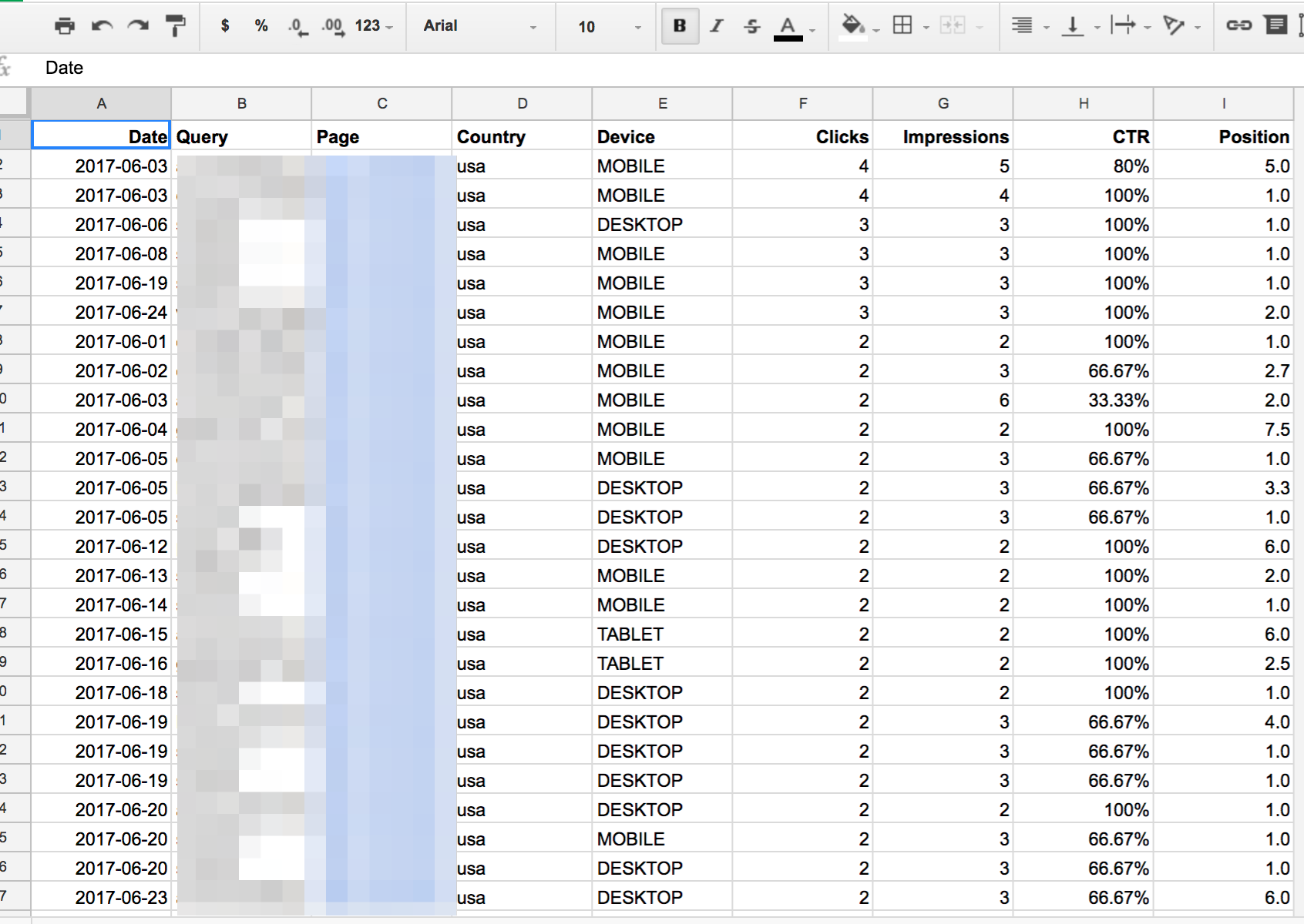 search analytics spreadsheet