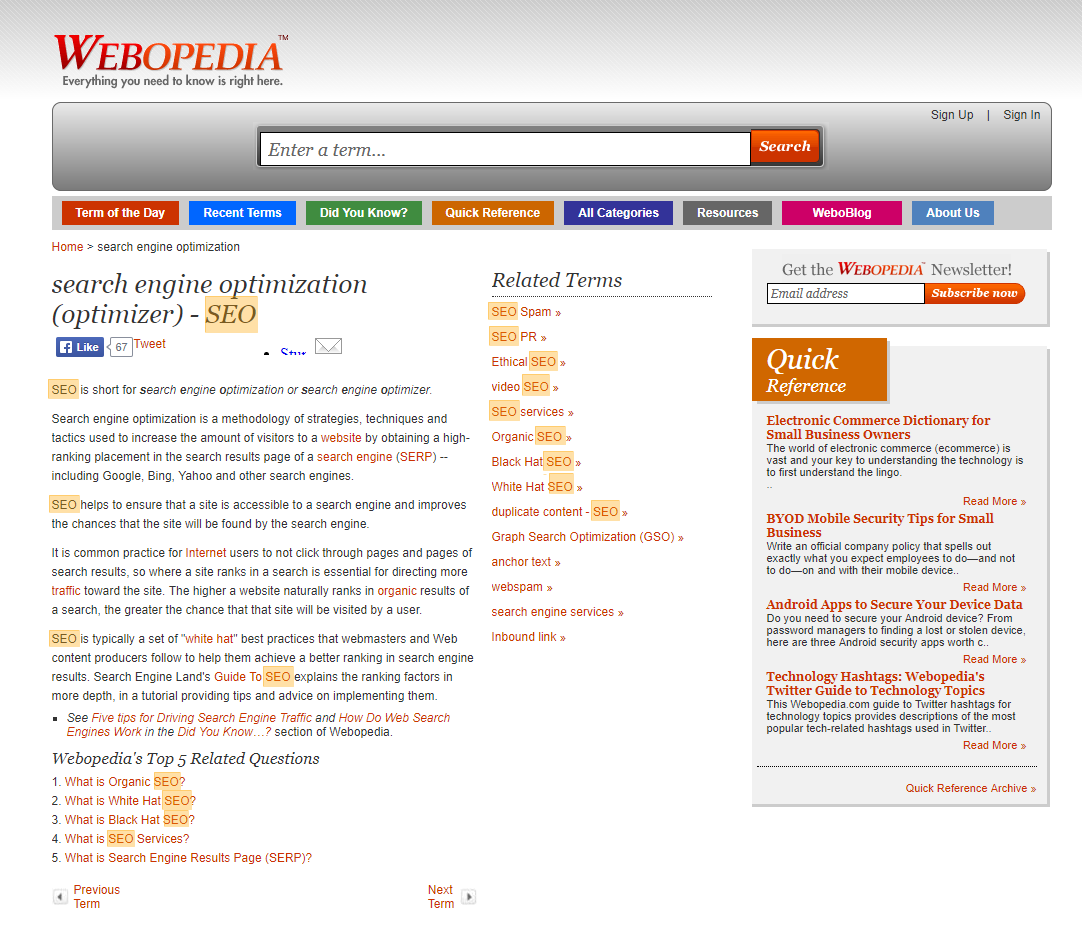 Example of thin content from Webopedia in 2014