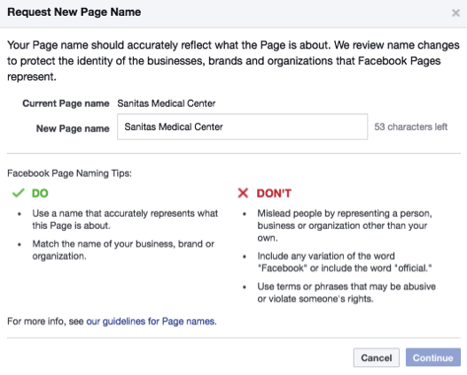 facebook page name change request