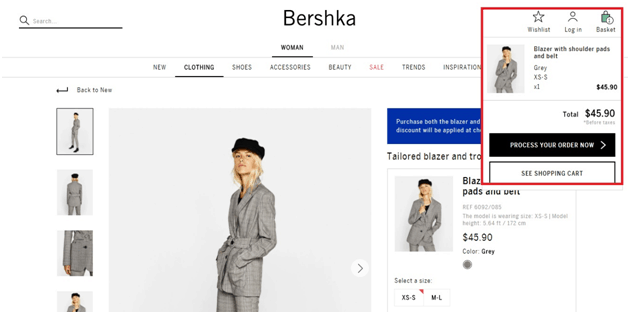 Bershka product page with red rectangle highlighting section that provides option to see shopping cart or process order now