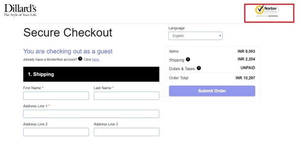 Secure checkout page of Dillard’s with red rectangle highlighting Norton security seal